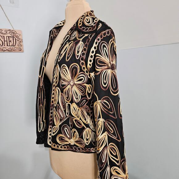 Anu by Natural Blazer Womens Medium Floral Embroidered Open Shacket Black Cream - Picture 5 of 14